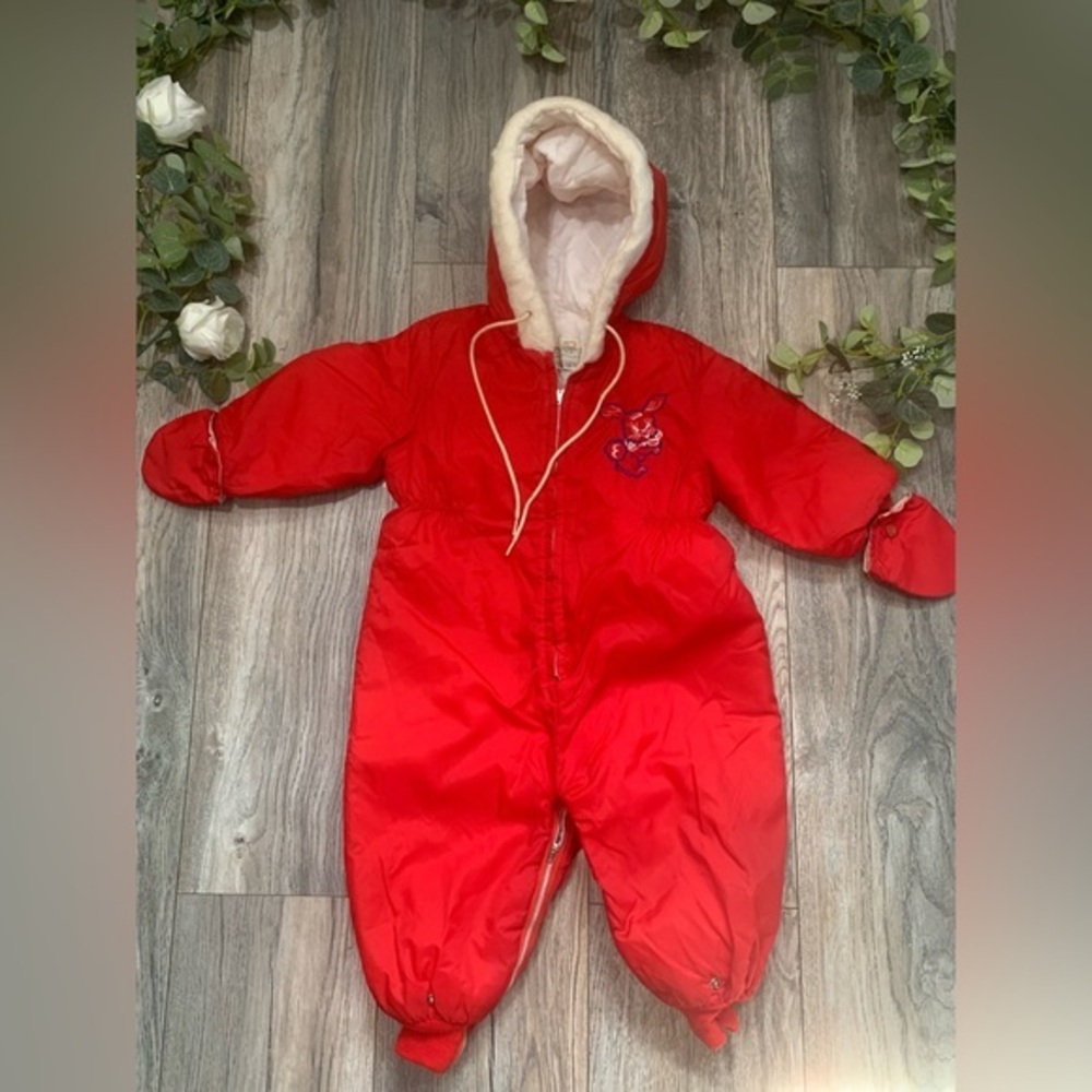 Vintage Sears  0-24 Month Red ‎ Infant Snowsuit Bunny Rabbit Made In Hong Kong